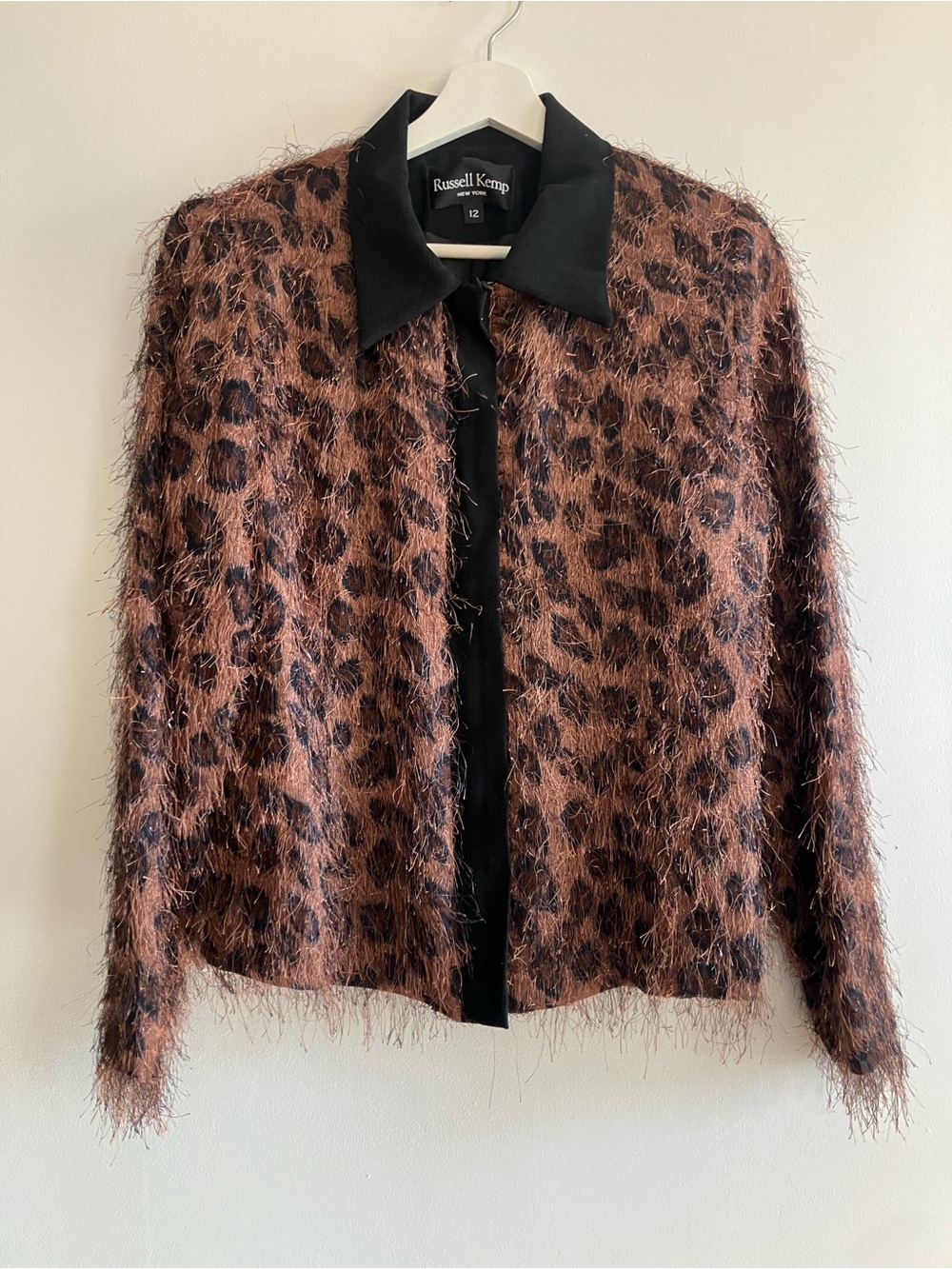 Russell Kemp Brown Leopard Fuzzy Jacket with Black Trim